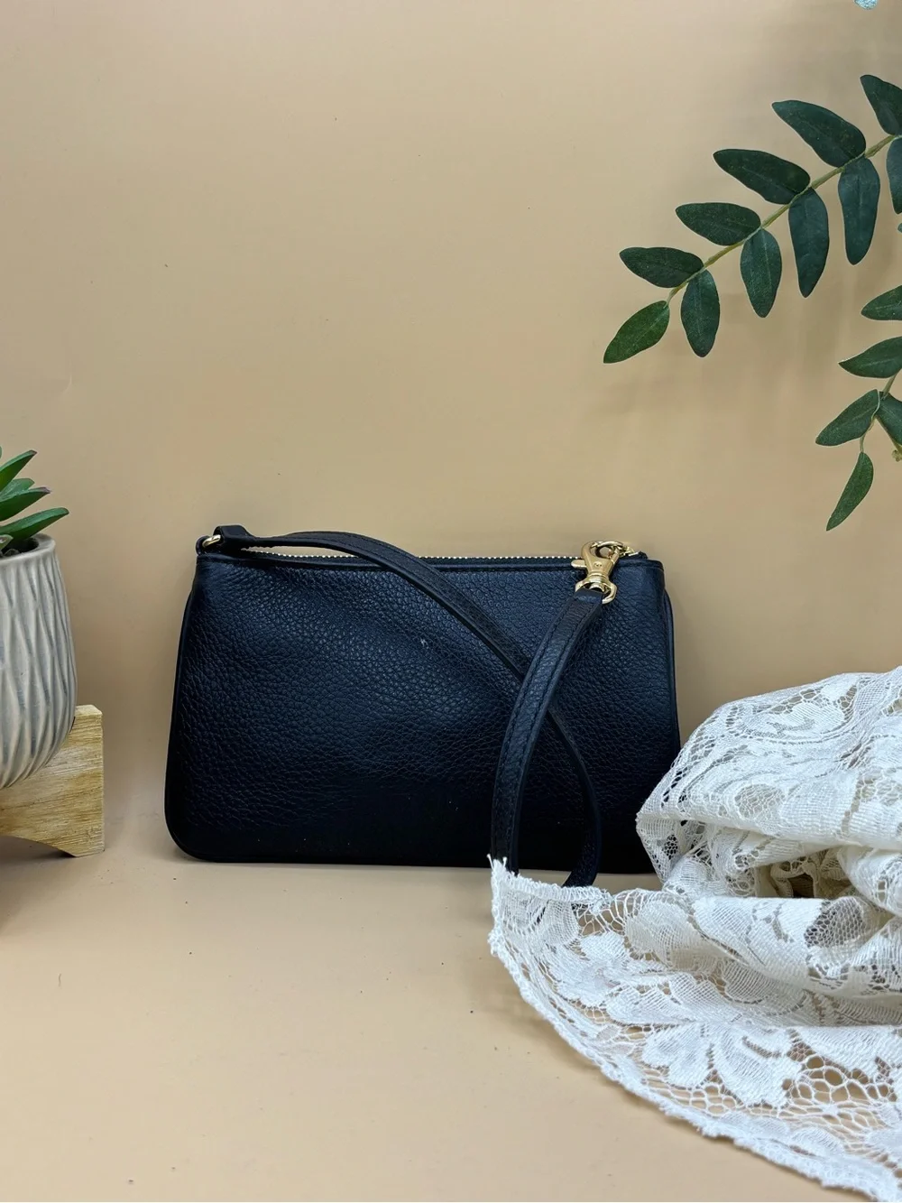Michael Kors Black Pebbled Leather Wristlet with Gold MK Emblem